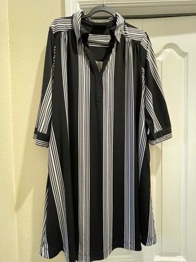 INC Black & White Vertical Stripe Classic Collar Dress